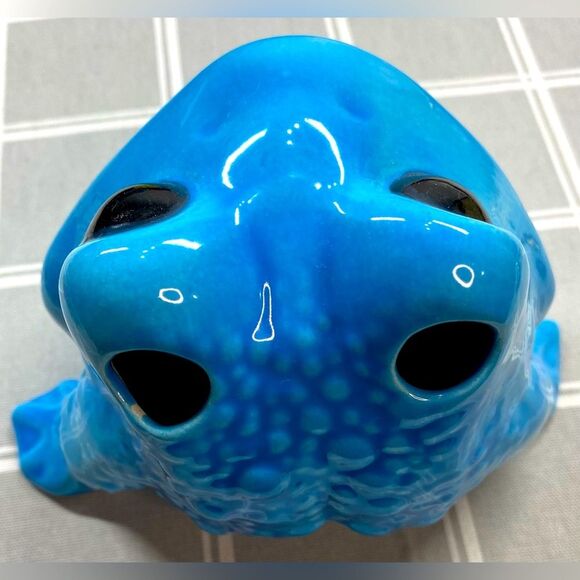 Vtg Ceramic 70s Blue Frog Toothbrush Soap Dish Bathroom Kitchen Air Planter - Picture 3 of 6